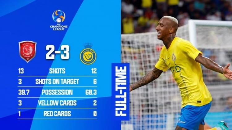 足球比分_亚冠-利雅得胜利3-2杜海勒4战全胜 C罗轮休塔利斯卡戴帽库鸟双响
