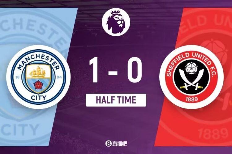 半场-罗德里建功蓝月亮控球率超8成 曼城1-0领先谢菲联