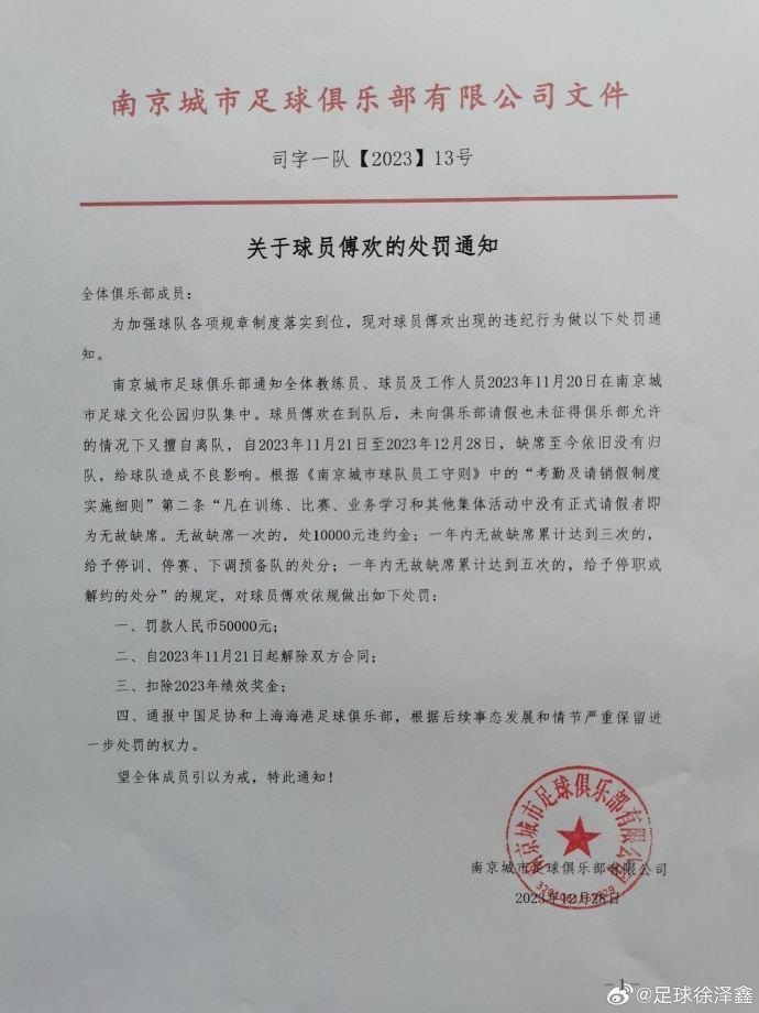 傅欢擅自离队&缺勤！南京城市官方：扣除其奖金 罚款5万 解除合同