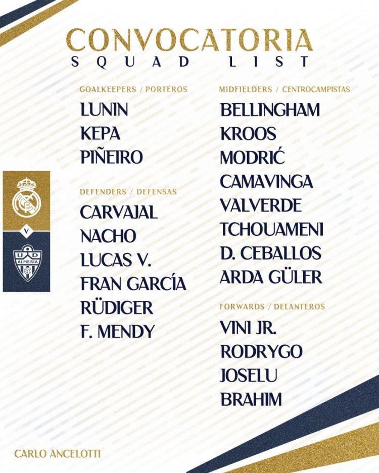 皇马对阿尔梅里亚名单：贝林厄姆、居勒尔在列，巴斯克斯回归