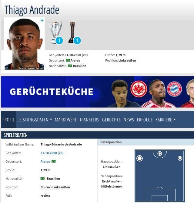 记者：纽约城前锋安德拉德加盟四川九牛，德转身价为500万欧元