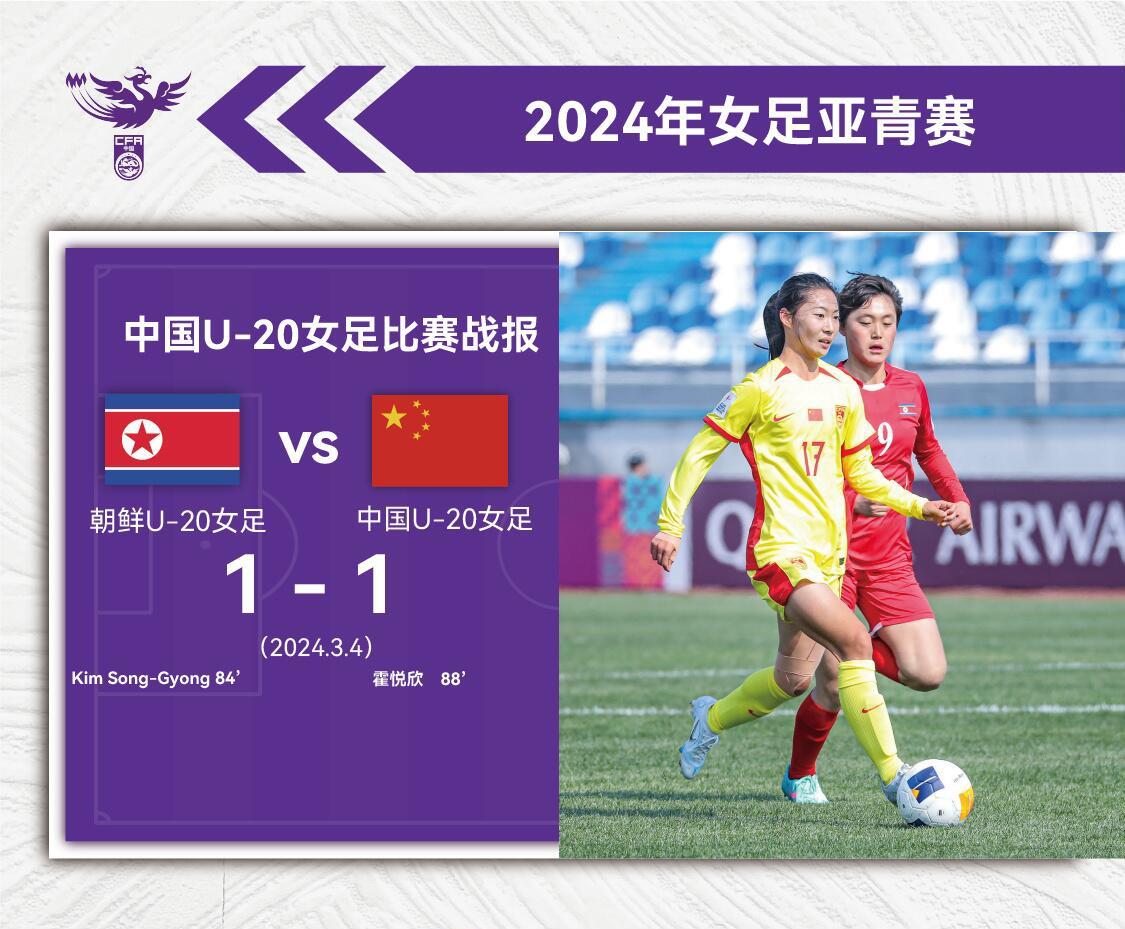 足球比分_U20女足亚洲杯-中国首战1-1朝鲜 霍悦欣88分钟超远吊射绝平