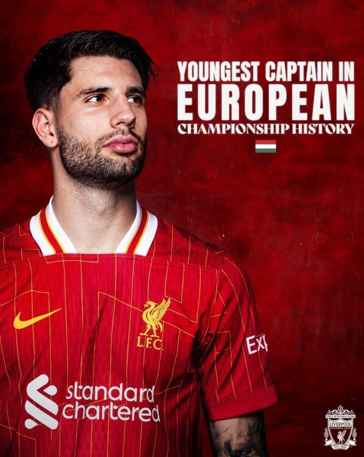 年轻有为23岁索博成为欧洲杯历史最年轻队长，利物浦送祝贺