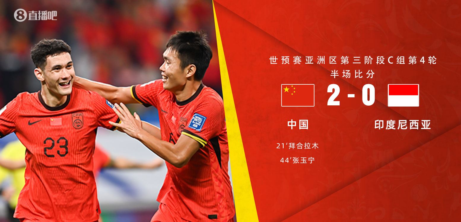 半场-国足2-0领先印尼 拜合拉木 张玉宁破门蒋圣龙&高准翼助攻