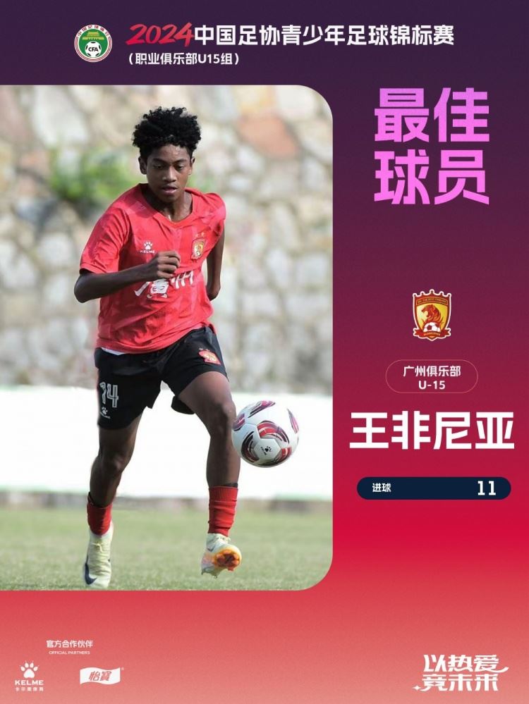 打进11球帮助广州队夺冠，混血球员王非尼亚当选U15联赛最佳球员