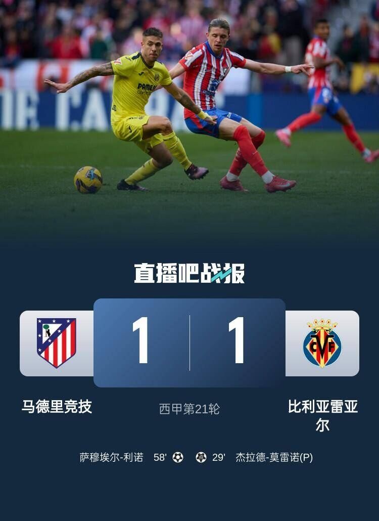 足球比分_西甲-马竞1-1黄潜先赛落后榜首1分 莫雷诺点射利诺替补救主