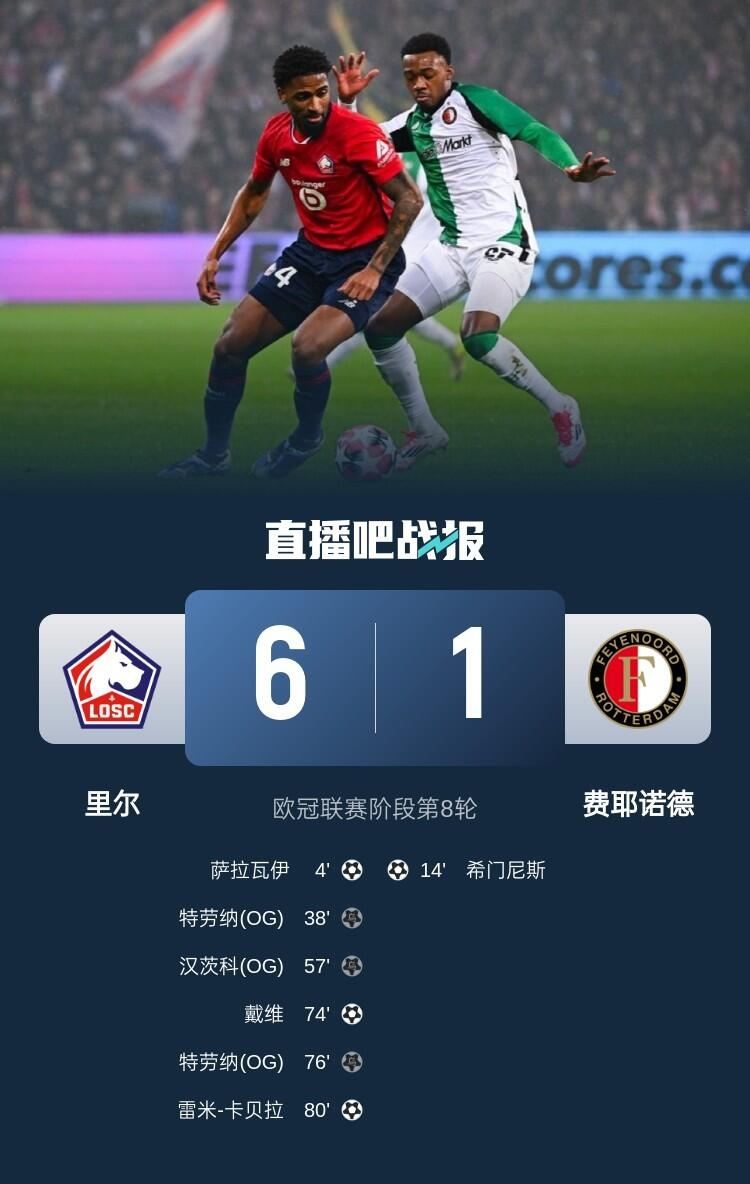 足球比分_欧冠-里尔6-1大胜费耶诺德直通16强 戴维破门费耶诺德3乌龙