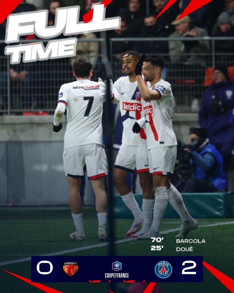 足球比分_法国杯-巴黎2-0勒芒进8强 杜埃破门巴尔科拉建功