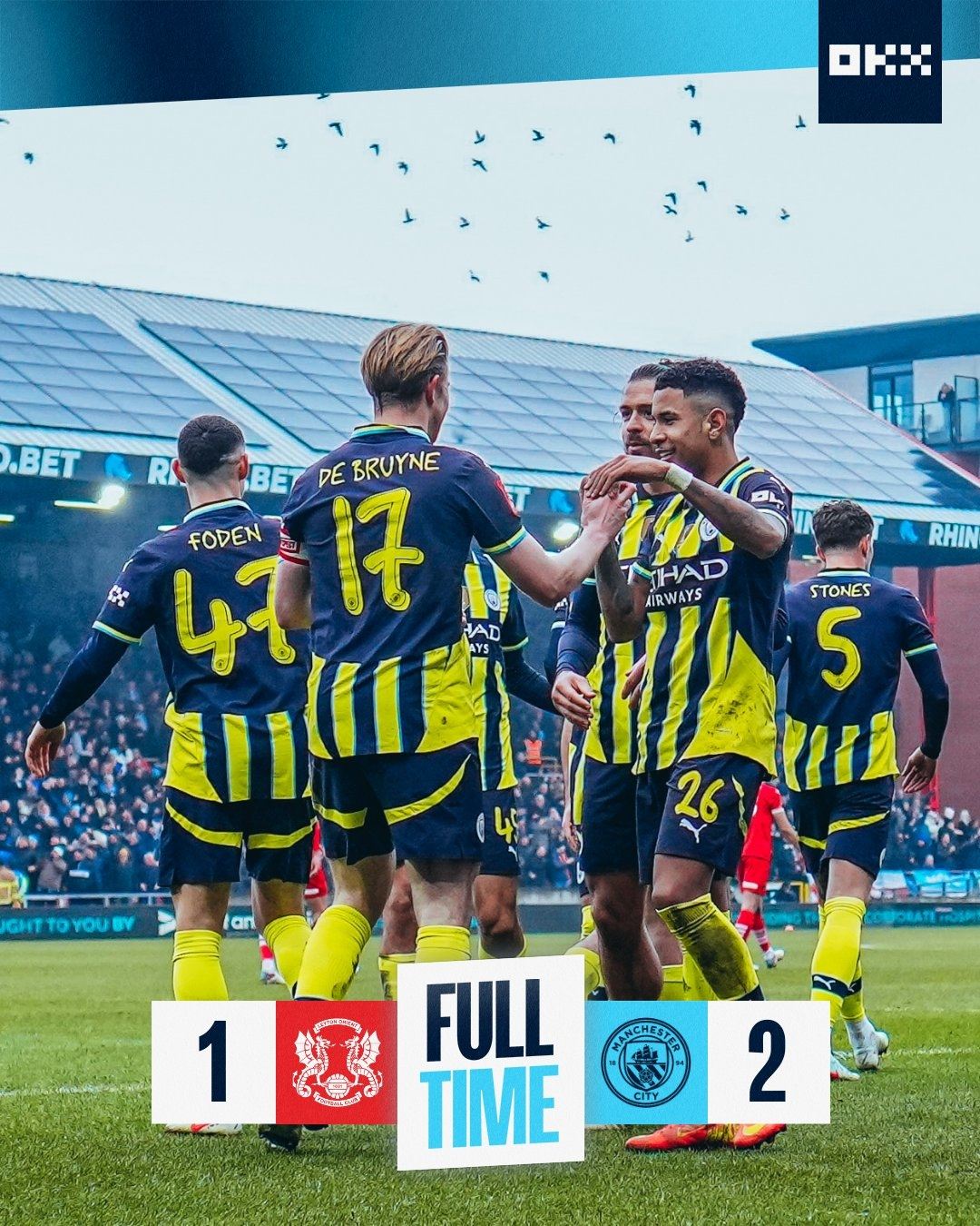 足球比分_逆转晋级！曼城2-1险胜莱顿东方 德布劳内替补制胜胡桑诺夫处子球