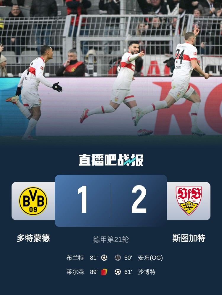 足球比分_6轮仅1胜！多特1-2遭斯图加特双杀&位居第11 布兰特破门安东乌龙