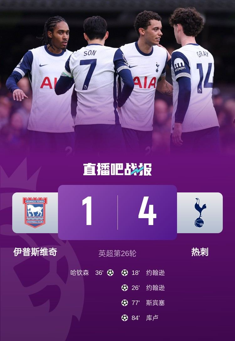 足球比分_英超-热刺4-1伊普斯维奇获联赛三连胜 约翰逊双响孙兴慜两助攻