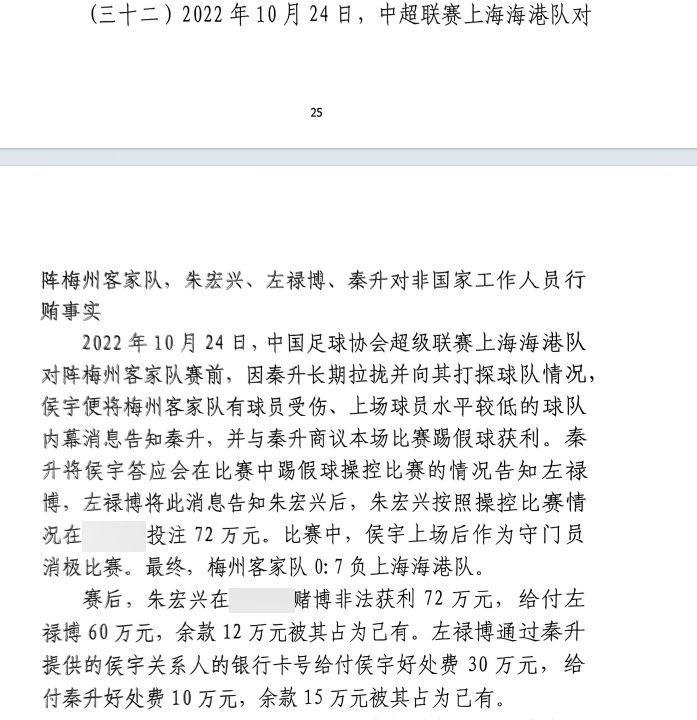 网传判决书：梅州0-7海港，梅州守门员侯宇收30万好处费消极比赛