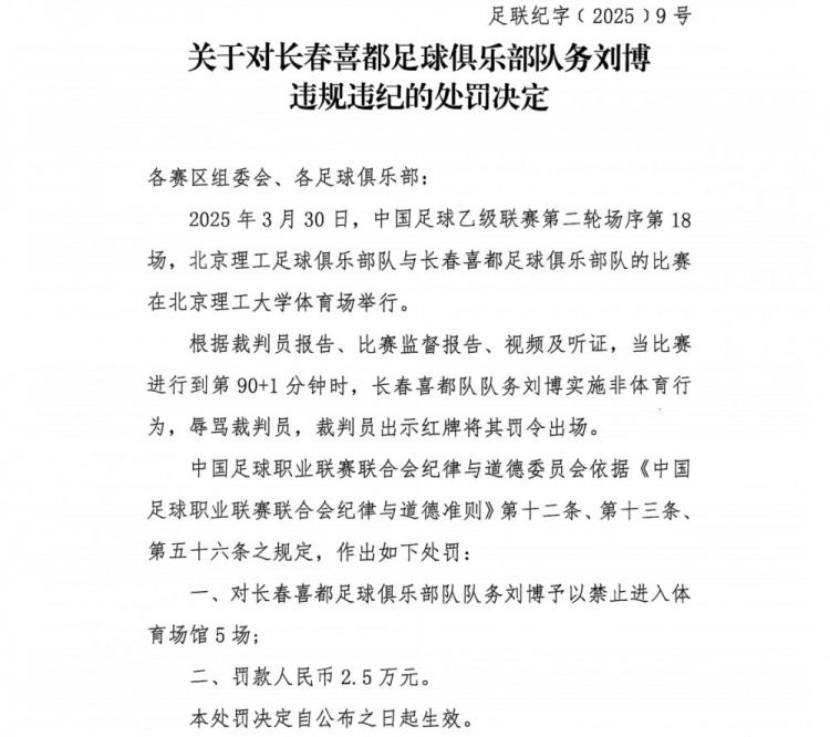 中足联：长春喜都队务刘博辱骂裁判员，禁赛5场 罚款2.5万
