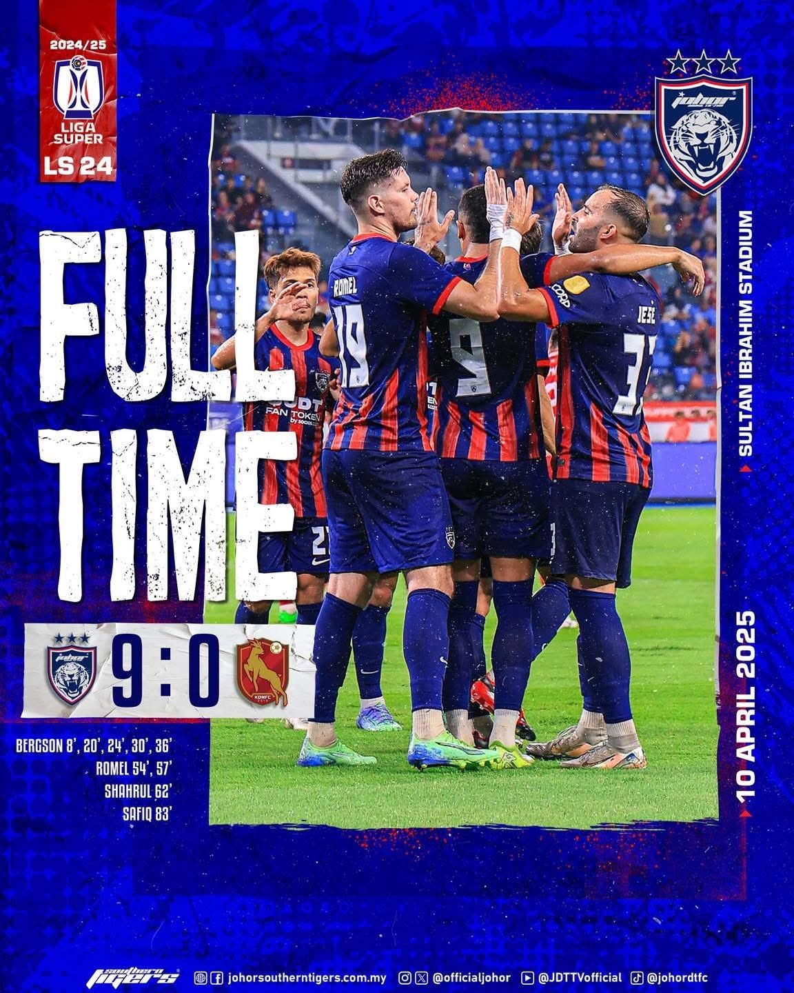 杀疯了柔佛新山马来超9-0狂胜，23轮22胜1平领跑净胜球80个