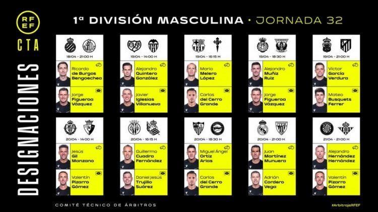 西甲第32轮裁判安排：马里奥-洛佩斯执法巴萨，穆努埃拉执法皇马