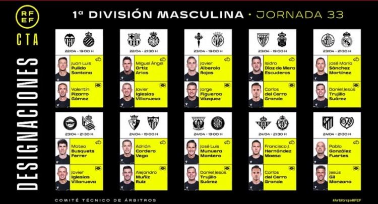 西甲第33轮裁判安排：阿里亚斯执法巴萨，何塞-马丁内斯执法皇马