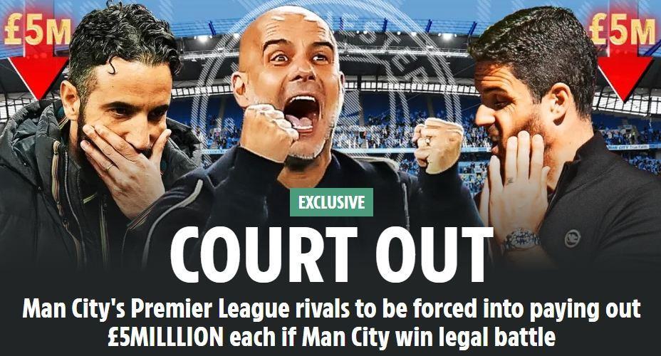 均亏500万镑！太阳报：若曼城胜诉，英超19队将平摊诉讼费成本！