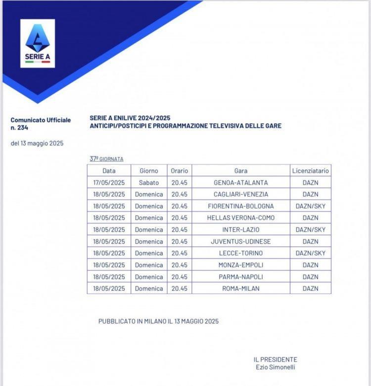 意甲第37轮开球时间：9场同时开球，1场提前一天