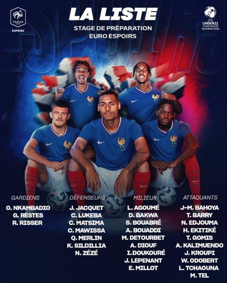 法国U21公布29人大名单：埃基蒂克、卢克巴、奥多贝尔、特尔在列