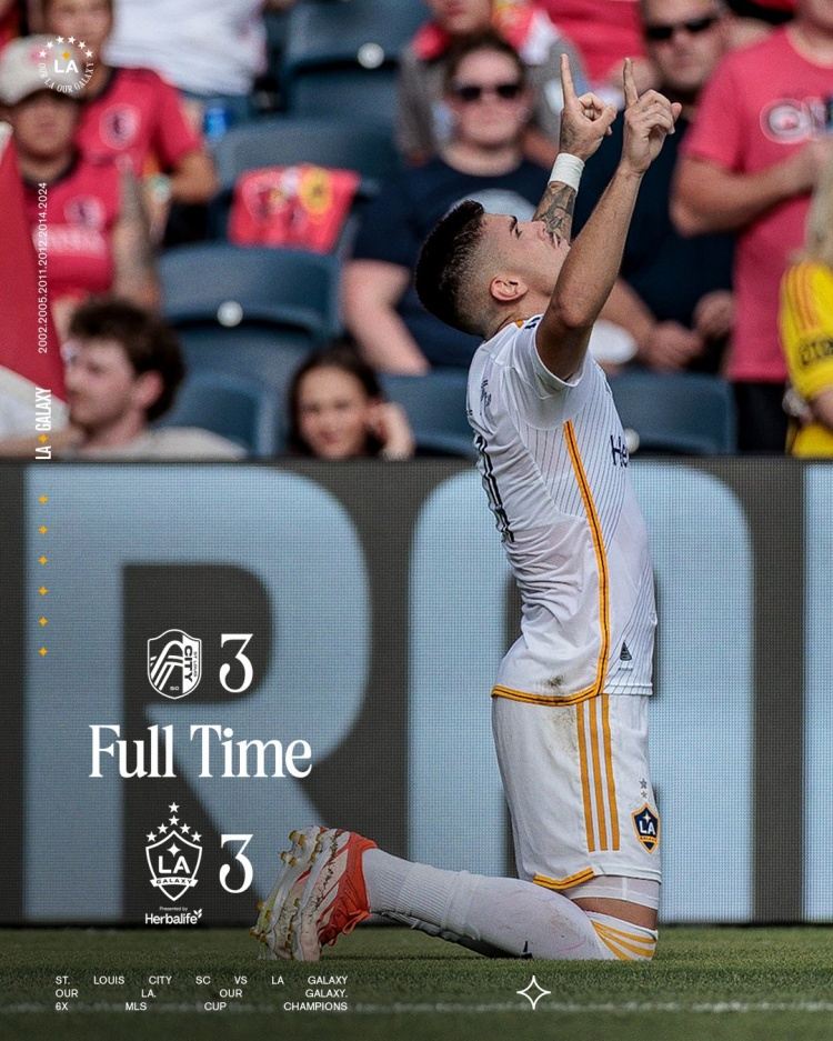 罗伊斯助攻双响 精彩脚后跟妙传，洛杉矶银河3-3圣路易斯城