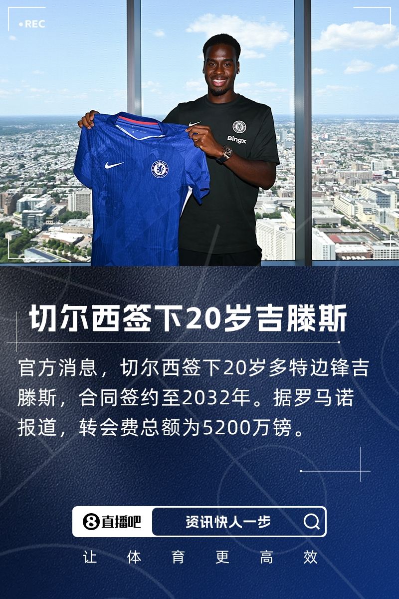 签至2032！官方：切尔西签下20岁多特边锋吉滕斯，转会费5200万镑