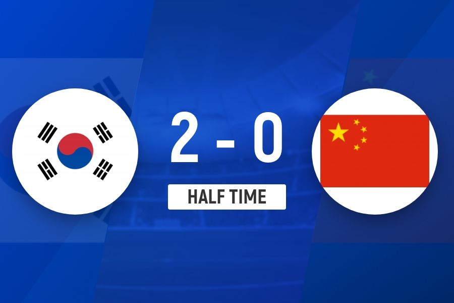 半场-国足暂0-2韩国 李东炅世界波国足失误频频半场0射正