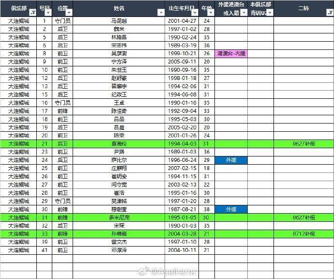 2025中甲联赛夏转后各队报名名单（绿色为夏转新报名球员） ??