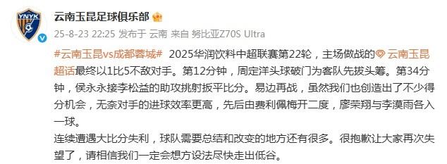 连续惨败！玉昆官方致歉：让大家再次失望了，一定会尽快走出低谷