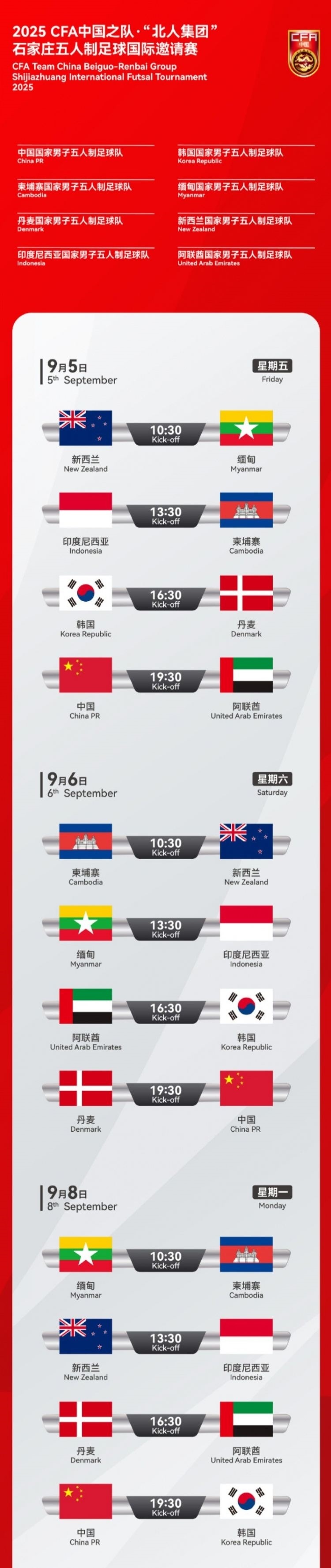 中国五人制男足9月在石家庄进行邀请赛，对阵阿联酋、丹麦、韩国