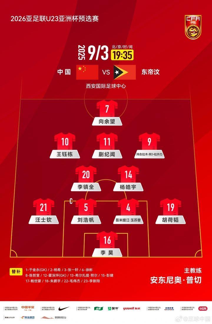 4231！U22国足官方阵型：向余望突前，王钰栋、拜合拉木分居两翼