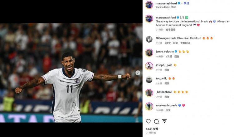 点射建功！拉什福德社媒纪念进球：很棒的方式结束此次国家队之旅