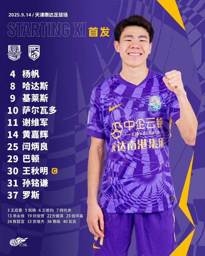 中超联赛第24轮对阵武汉三镇，天津津门虎首发出炉！