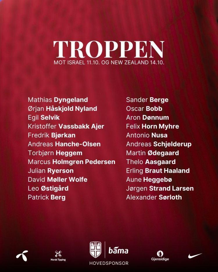 挪威新一期大名单：哈兰德、厄德高领衔，索尔洛特、拉尔森入选