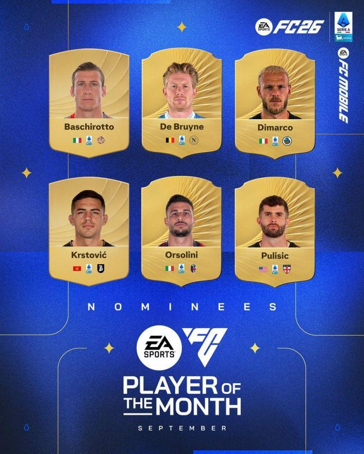 意甲9月最佳球员候选：普利西奇、德布劳内、迪马尔科在列