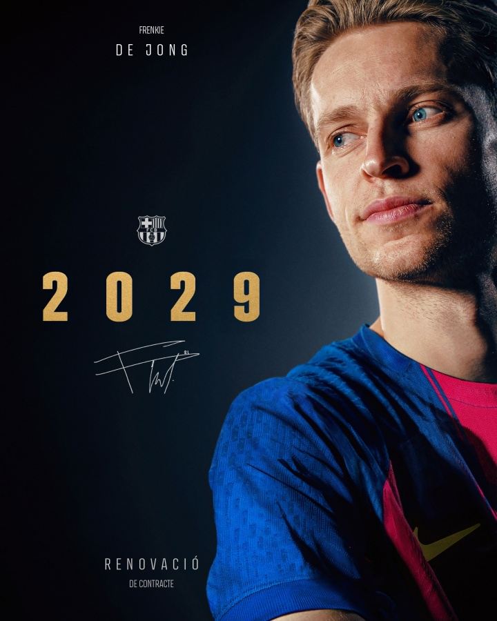 中场大将续约！官方：巴萨与德容续约至2029年，据悉解约金5亿欧