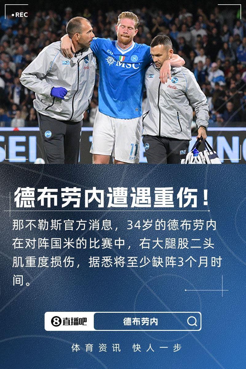 重伤！官方：德布劳内右大腿股二头肌重度损伤 据悉至少缺阵3个月