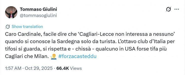 卡利亚里主席回应米兰老板：在美国我们的球迷数量可能比米兰还多