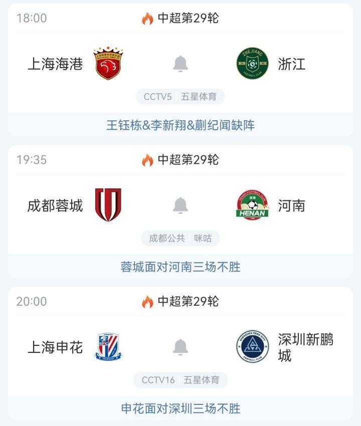 最快今晚夺冠！中超争冠3队出战 海港18点vs浙江赛后坐看蓉城申花