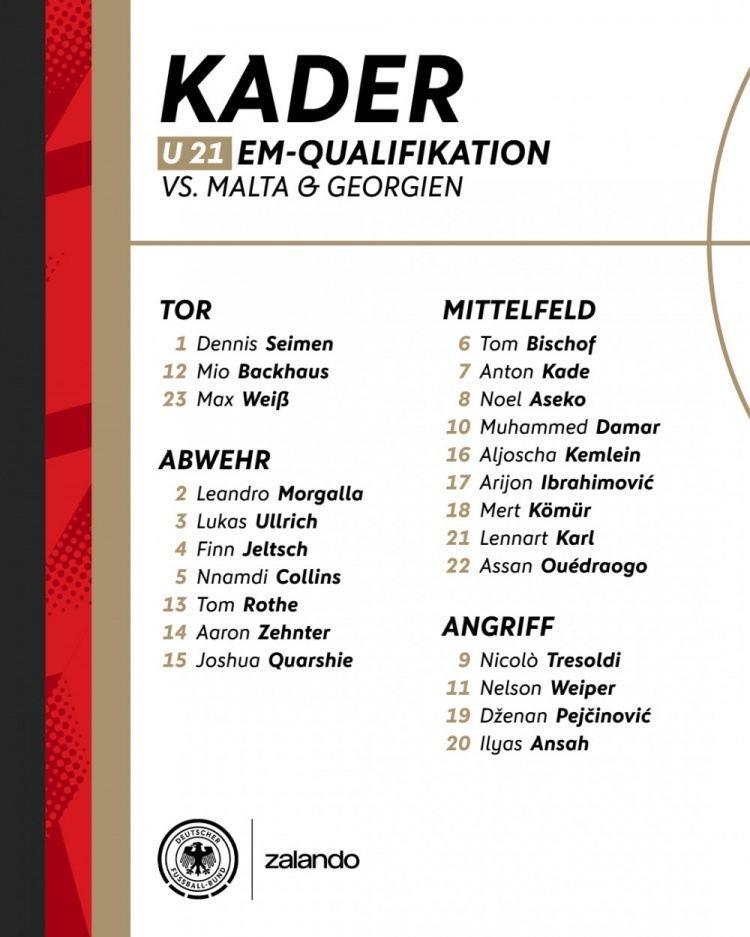德国U21新一期名单：伦纳特-卡尔、比朔夫、小伊布在列