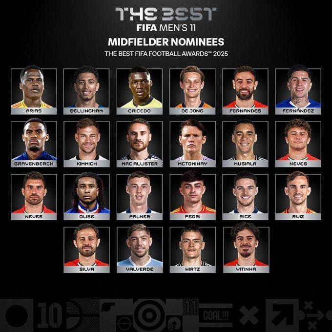 FIFA最佳阵容中场候选：维蒂尼亚、维尔茨、佩德里、帕尔默在列