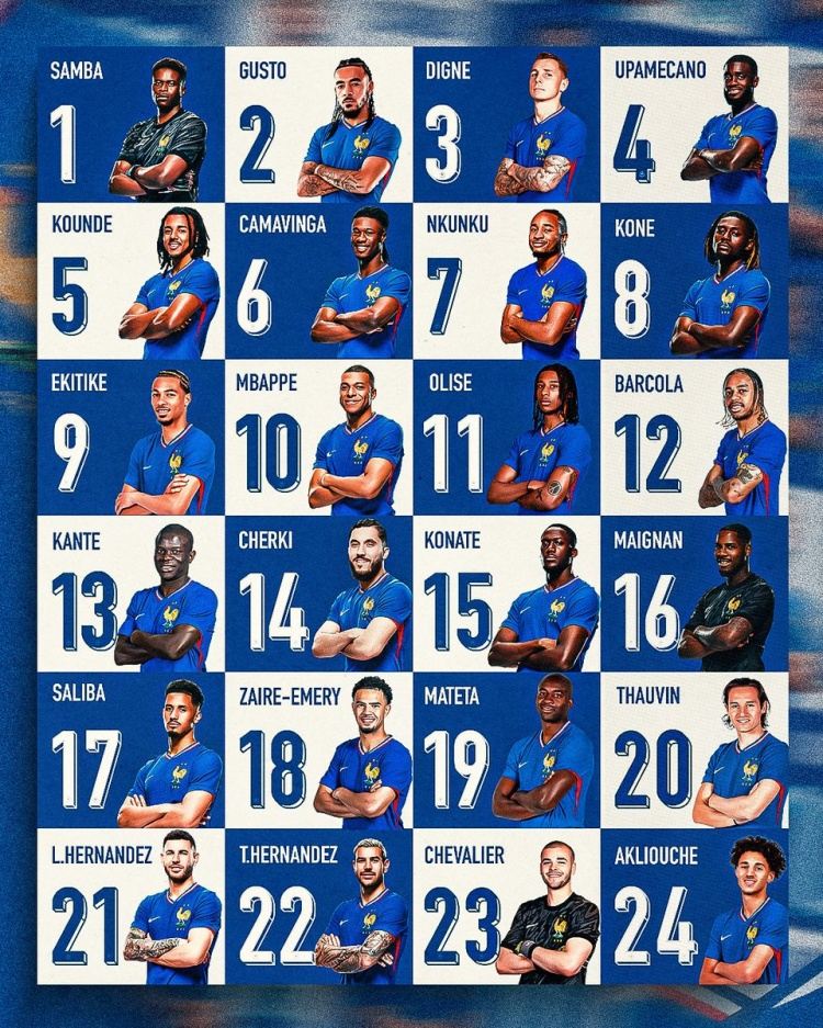本期法国队号码：姆巴佩10号、埃基蒂克9号、坎特13号