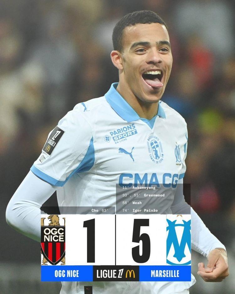 马赛5-1大胜尼斯暂时登顶法甲，格林伍德双响、奥巴梅扬1射2传