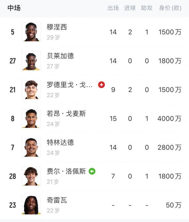 效力梯队or外租？狼队中场6人身价超千万，1人身价50万但0出场