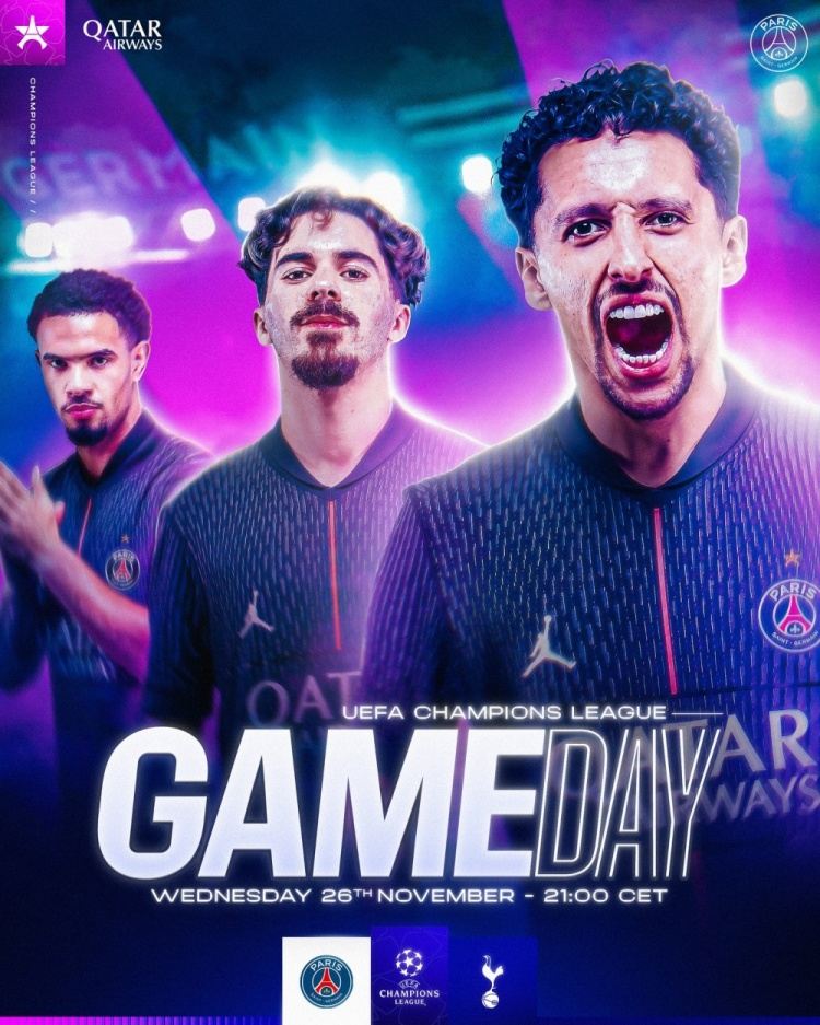 巴黎发布对阵热刺海报：马尔基尼奥斯、维蒂尼亚、埃梅里出镜