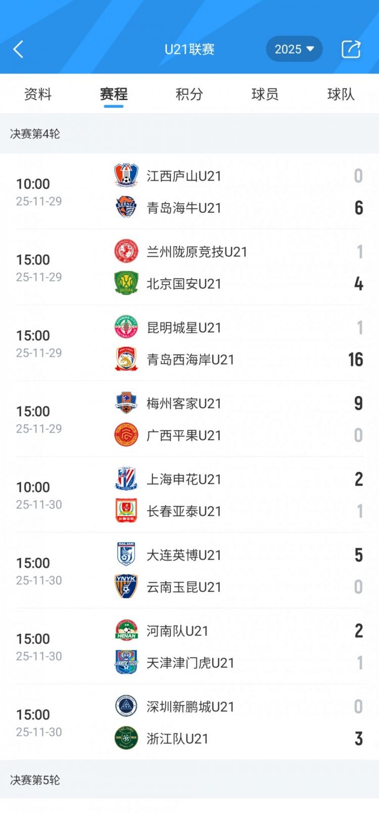 U21联赛决赛第4轮：大连英博5-0云南玉昆、梅州客家9-0广西平果