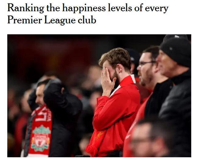 TA排英超球队幸福指数：黑猫枪手蓝军位列1~3 利物浦第15热刺垫底