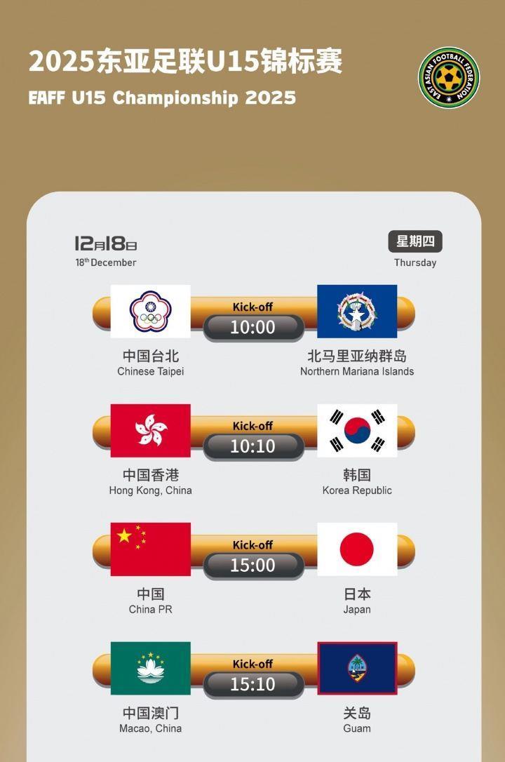 官方：东亚足联U15锦标赛本月将在漳州举办 中日韩及中国香港同组