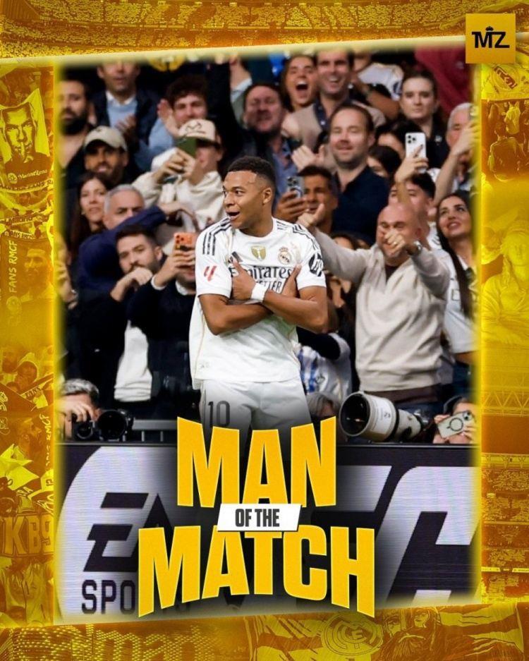 2射1传！姆巴佩当选皇马3-0毕尔巴鄂竞技一役全场最佳