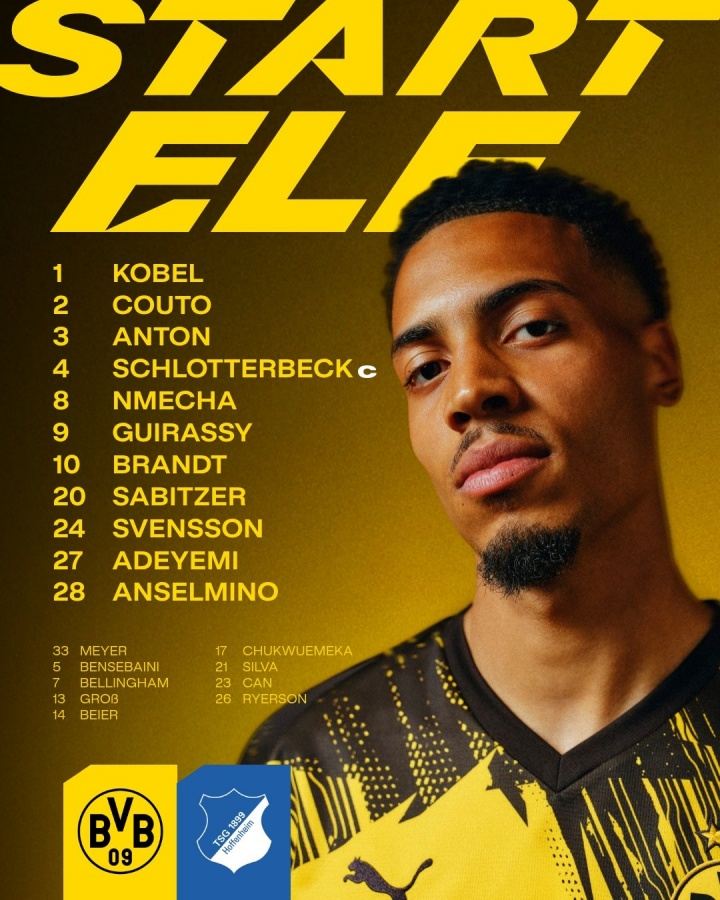 多特对阵霍芬海姆首发：吉拉西、阿德耶米在列，小贝林厄姆替补