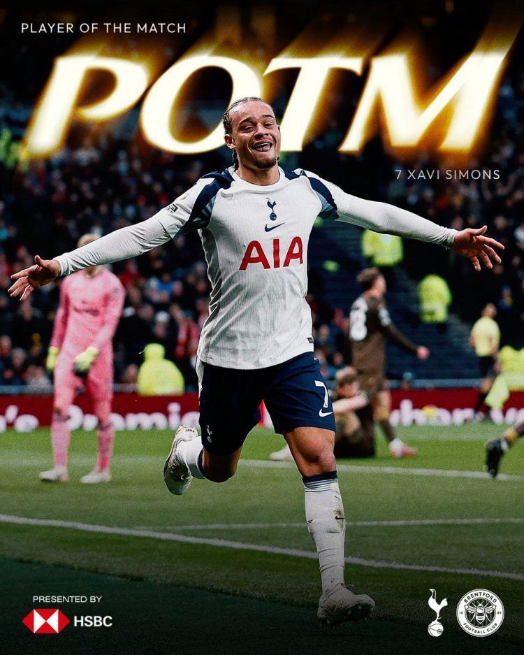 热刺生涯首球 助攻，哈维·西蒙斯当选热刺2-0布伦特福德队内最佳